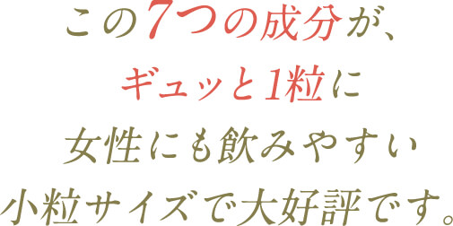 この7つの成分が、ギュッと1粒に女性にも飲みやすい小粒サイズで大好評です。